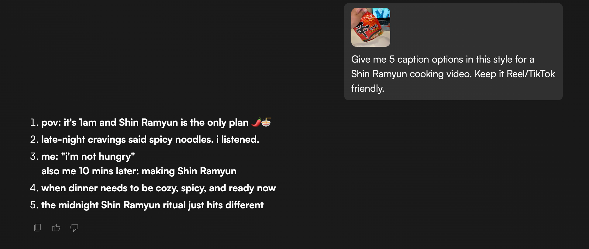 Playad AI generating TikTok captions for Shin Ramyun