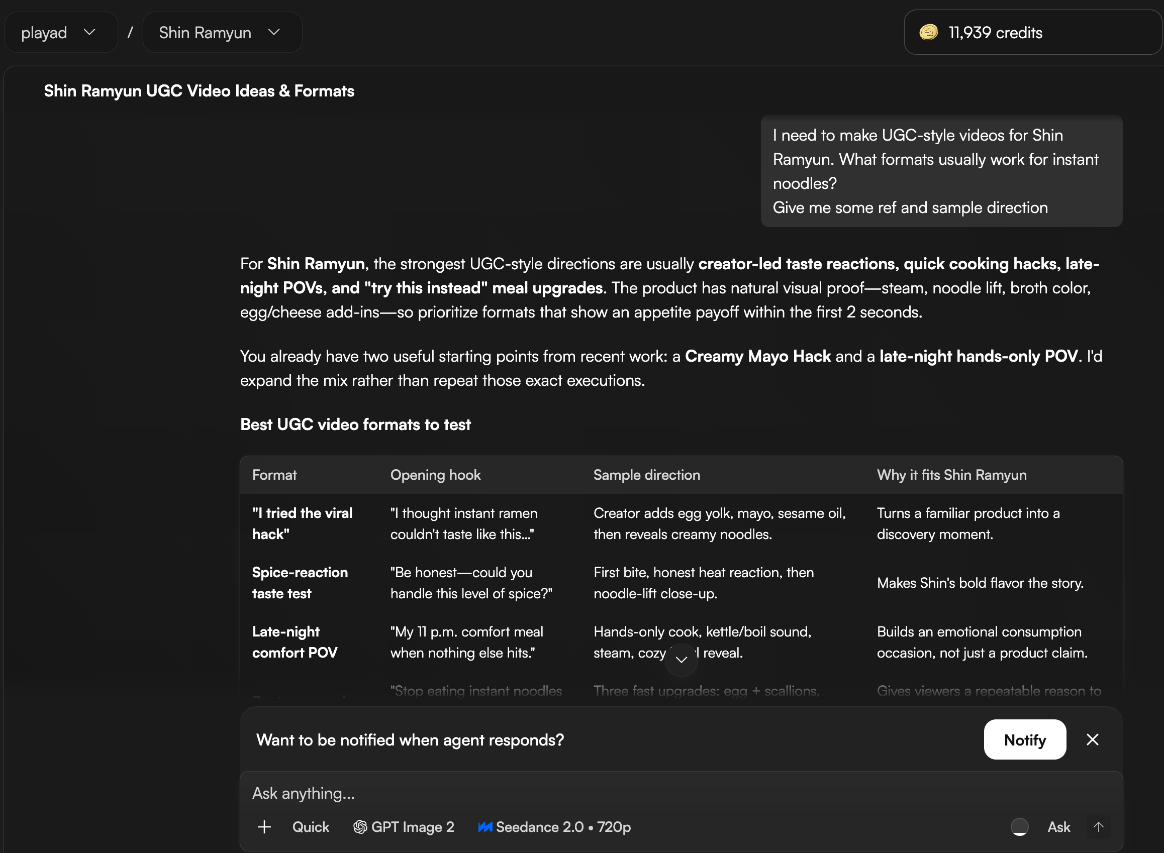 Playad Chat Agent brainstorming Shin Ramyun UGC video formats