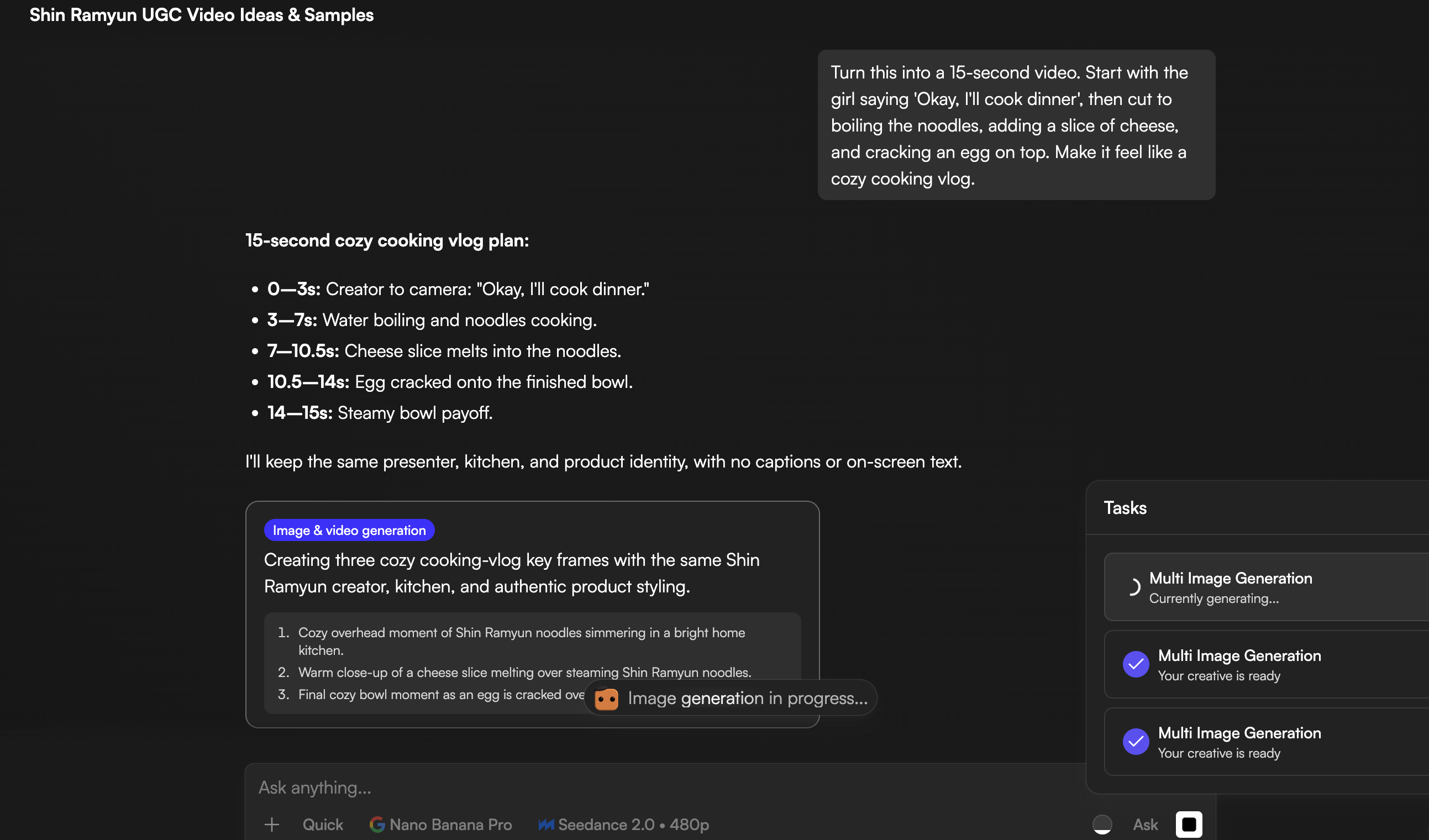 Playad AI generating a 15s storyboard timeline from natural language chat prompt