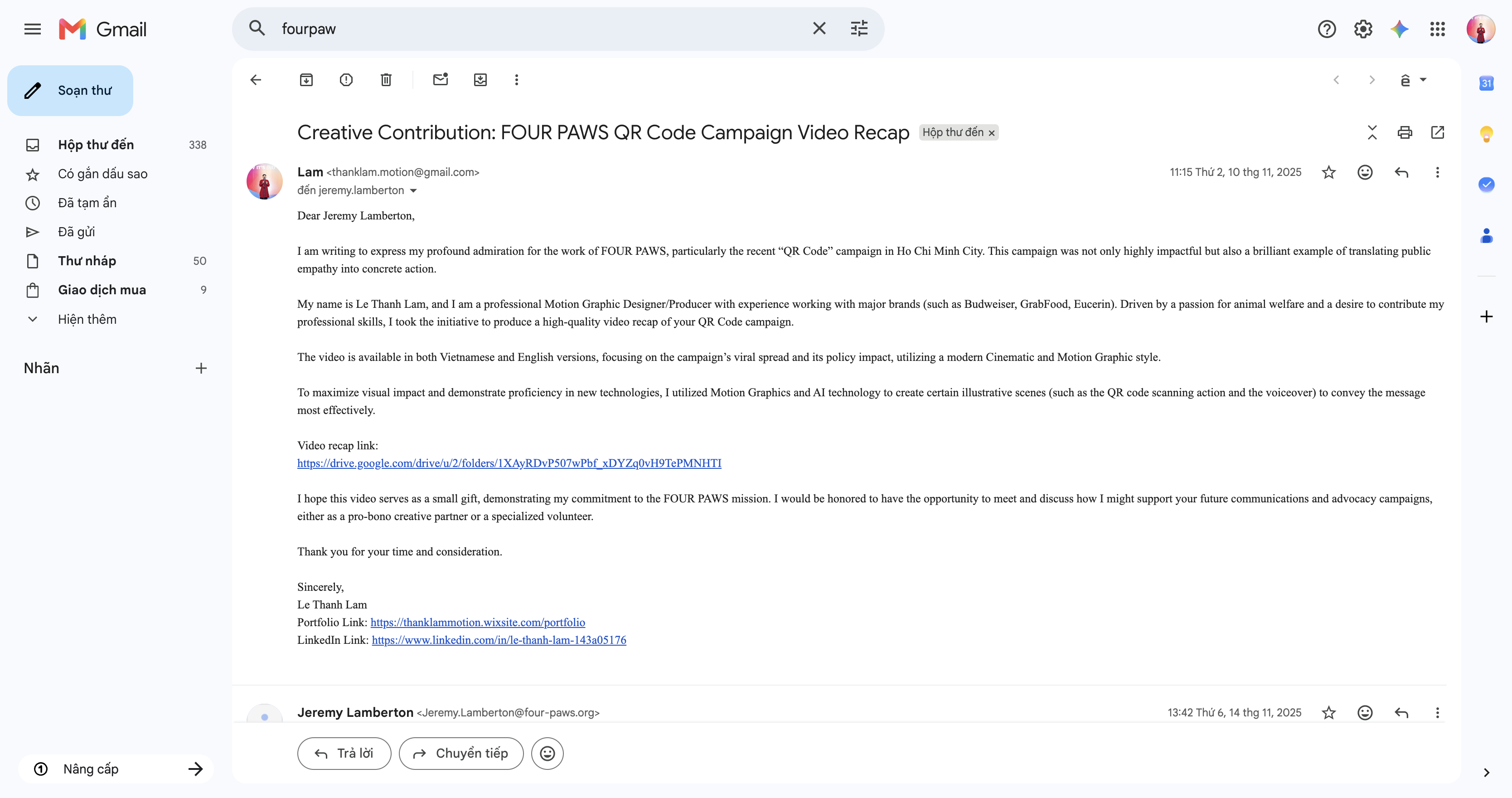 Outreach Email to FOUR PAWS