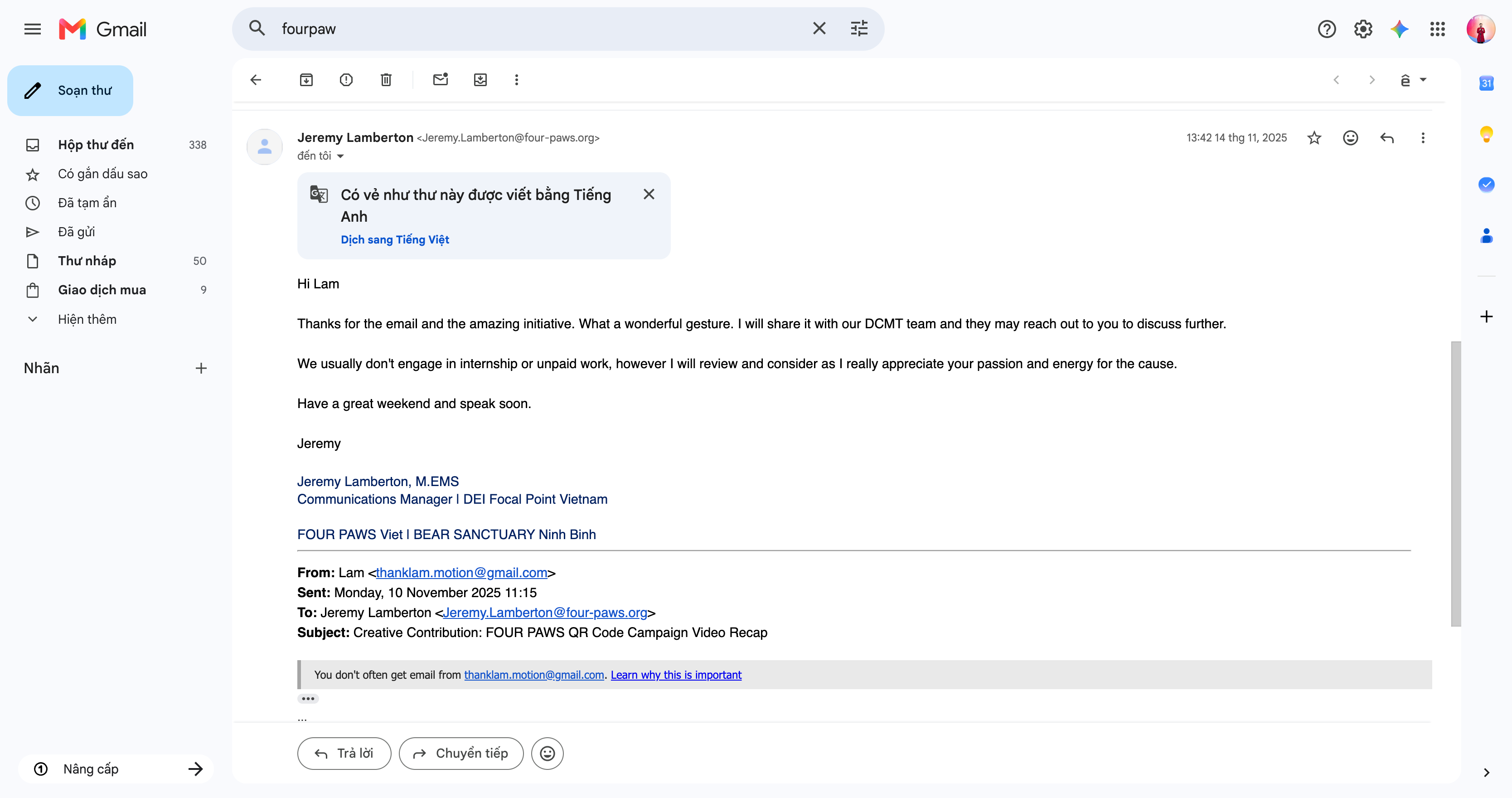 FOUR PAWS Outreach Email Response